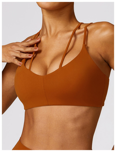 Soutien-gorge de Yoga à bretelles avec logo personnalisé haut court dos nu à manches courtes pour femmes ensembles de Yoga solides élastiques taille haute pour filles sexy - Product Image 2