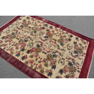 พรมตุรกีโบราณ4.8 x 7.2ft เบจสีแดงพื้นที่ขนาดใหญ่การออกแบบเย็บปะติดปะต่อกันด้วยผ้าขนสัตว์สำหรับห้องโถงห้องนอนยางสี่เหลี่ยมห้องข้างเตียง - Product Image 4