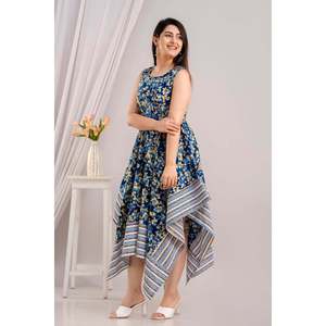 Vestido Maxi Azul con Estampado Floral, Sin Mangas, con Dobladillo Asimétrico, Estilo Bohemio de Lujo, Sexy y Casual para Verano, Tejido de Punto con Forro Plisado - Product Image 4