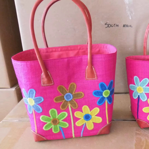 Madagascar <b>raffia</b> tote <b>bag</b> color embroidery leather handles corners drawstring closure inside <b>raffia</b> pocket large medium <b>small</b> - Product Image 1