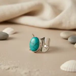 Bague en argent 925 avec grappe de turquoise pour femmes, bijoux bohèmes élégants avec pierre précieuse taillée, matériau platine, cadeau - Product Image 1