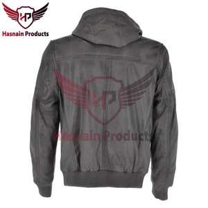 Collection Addison Blouson aviateur gris à capuche en cuir de qualité supérieure pour homme pour l'hiver - Product Image 2