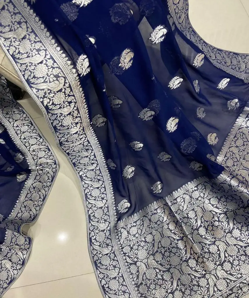 Designer de crepe puro seda georgete tecelagem sari de seda com trabalho Zari antigo, saaree de casamento, saaree de festa de grife.