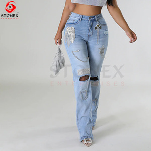 Nuevo estilo Sexy Denim algodón Jeans transpirable Streetwear niñas mujeres dos piezas Jeans y Top Set - Product Image 6