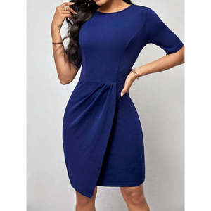 Robe en crêpe importée mini à col ras du cou et manches courtes Kadin Kisa Kollu, 37934 - Saks Mavi - Product Image 4