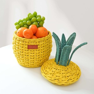 Panier de rangement multifonctionnel en rotin naturel ananas, moderne et écologique, jaune - Product Image 3