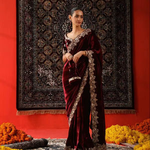 Saris indiens et pakistanais pour femmes, collection de saris en velours d'hiver avec broderie - Product Image 1