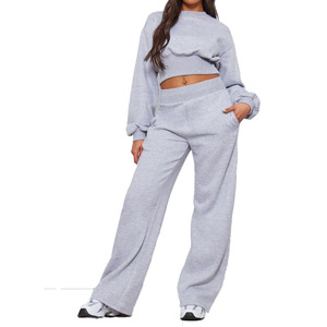 <b>Women's</b> Custom Logo Cropped Long Sleeve <b>Sweatpants</b> Sweatsuit Breathable High Waisted Wide Leg Sweatshirt for Winter - Product Image 5