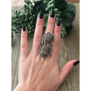 <b>Turquoise</b> Sterling Silver <b>Ring</b> Size 7.25-Oval Cut Bezel Set Animal Pattern Rhodium Plated Everyday Gift - Product Image 2