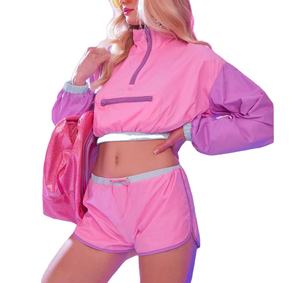 Coupe-vent 2 pièces avec logo personnalisé pour femmes, jogging avec fermeture éclair sur le devant, survêtement à cordon, ensembles de shorts d'entraînement pour femmes - Product Image 3