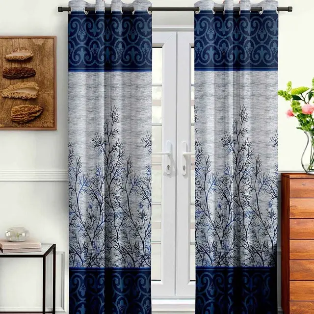 Trending Mixed Polyester Solid Curtain Door Tree Curtain Blue Printed Room Darkening 7 feet Pack of 2 Drapes woven Techniques