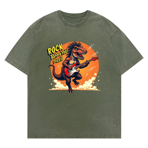Nueva llegada Unisex lavado humorístico Rock antes de ti fósil T-Rex dinosaurio tocando guitarra eléctrica Retro puesta de sol gráfico camiseta. - Product Image 2