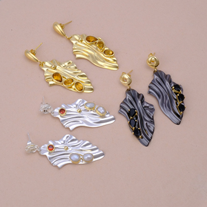 Onyx noir pierres précieuses Design boucles d'oreilles pierres précieuses Onyx longue feuille Design oxydé plaqué bijoux Style à la mode goujons boucle d'oreille - Product Image 4