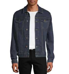 2024 Venta al por mayor de fábrica, chaqueta vaquera con soporte recubierto para hombre, con capucha, transpirable, estilo Vintage, azul oscuro, Color liso, diseño rasgado - Product Image 3