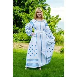 2023 Boho tarzı mavi nakış ile tam kollu Maxi elbise beyaz ukrayna % 100% pamuk uzun elbise