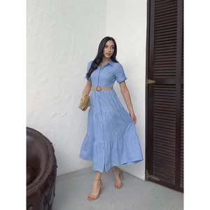 MissJANELL Vestido largo elegante de mezcla de lino bordado con cinturón azul para mujer, ideal para vacaciones de verano y uso diario, disponible en tallas S-XL - Product Image 1