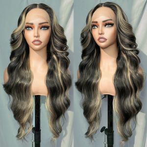 Perruque synthétique sans colle à ondulations longues et bouclées, avec raie frontale en dentelle, bleu balayage, ondulations corporelles, racines foncées rougeâtres, style tendance, vente en gros - Product Image 4