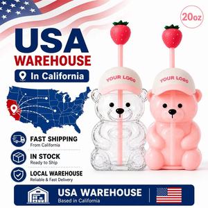 Tasse à café en verre Teddy Bear rose fraise la plus populaire 20OZ, gobelets froids Teddy Bear pour cadeau avec couvercles et pailles - Product Image 1