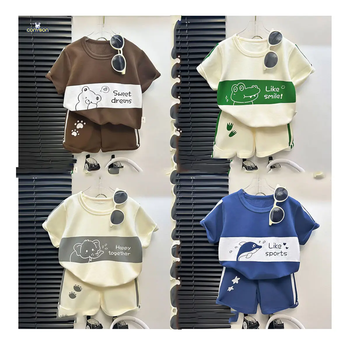Conyson Neuheit Kinderkleidung Großhandel Kurzarm-Anzug gestreiftes Mädel-Jungen-Set Oberteile +kurze Babykleidung Kinderbekleidung