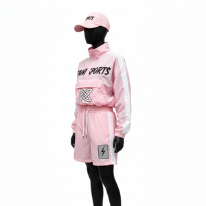 Ensemble short coupe-vent pour femme, tissu polyester léger, respirant, design à panneaux roses, coupe-vent personnalisé, ensemble short coupe-vent grande taille - Product Image 4