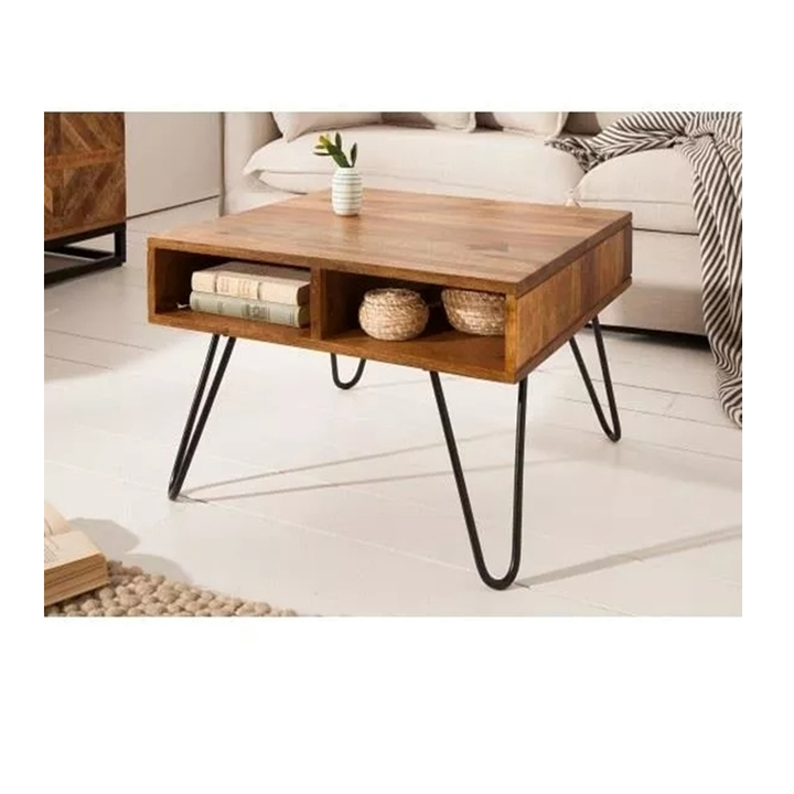 Handcrafted Indian Designer Industrial Wooden Top Metal Legs Set of Three in Railway Sleeper Wood Coffee Table Center Tables