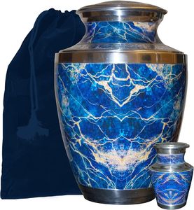Cremation <b>Urn</b>, for Human Ashes, Personalized Marble Finish Metal Funeral <b>Urn</b> with Velvet Bag (Blue <b>Large</b>) - Product Image 2