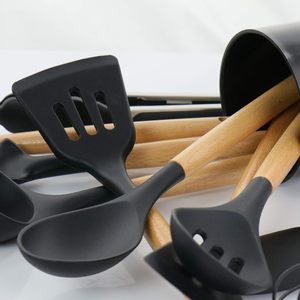 Best Selling Eco-Friendly Modern Design Long Handle Wooden Cookware Utensil <b>Set</b> <b>Black</b> Wood Texture for Food Serving Bulk Export - Product Image 4