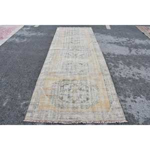 Alfombra de lana turca Vintage de 39x113 pies, retales Beige y azul, tejido plano, alfombra para sala de estar con respaldo de látex para decoraciones - Product Image 1