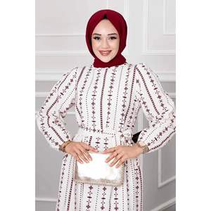 Casual Xl tamaño étnico estampado Lino Hijab vestido rojo clarete - Product Image 1