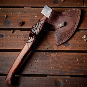 Hache à barbe en acier Damas forgé à la main pour le camping en plein air, hache de haute qualité avec manche en bois de rose et étui en cuir pour la chasse - DIY - Product Image 3
