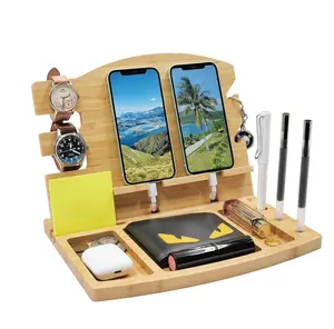 Bamboo Phone Docking Station Tray Two Cell Phone or Tablet Bamboo Cheese Board Women Nightstand Organizer Phone Key Watch Holder