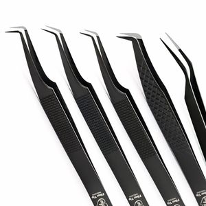 Pinzas para Extensión de Pestañas con Punta de Fibra Negra, Acero Inoxidable, Rectas y Curvas, Herramienta para Volumen de Pestañas para Profesionales, de Proveedores de Fábrica - Product Image 1