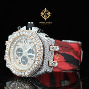 Montre mécanique de luxe pour homme bicolore, demi-sertie de diamants en moissanite, bracelet en caoutchouc rouge et noir, cadran avec date, style hip-hop - Product Image 6