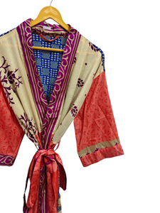 Túnica India Floral Seda Sari Kimono Vintage Sari Robe Suave Playa Fiesta Vestido Indio Hecho A Mano Seda Kimono - Product Image 2