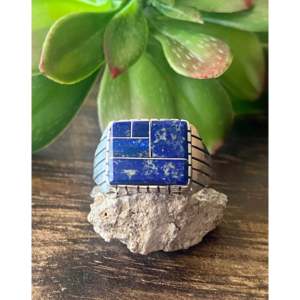 Trevor Jack Lapis & Sterling <b>Silver</b> Fashion <b>Ring</b> 12.75 Size Inlaid with Princess Cut Diamond Trendy Style Rhodium Plated 18K - Product Image 1