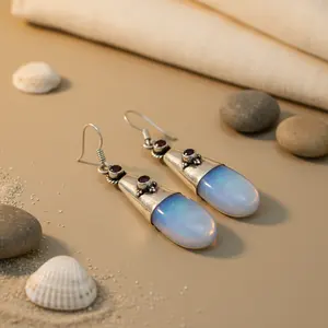 Boucles d'oreilles pendantes en argent 925 avec opale bleue et grenat pour femmes, bijoux tendance - Product Image 3