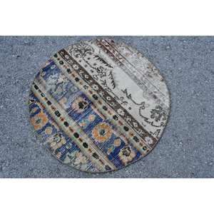 Classique Bleu Beige 2.4 X 2.4ft Vintage Tapis Turc À La Main Patchwork Conception Laine Bambou Soie Latex pour Salon Couloir Rectangle - Product Image 3