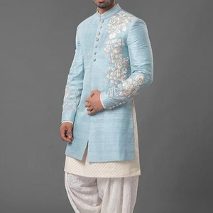 NEW ZARI EMBROIDERY on SKY BLUE SHERWANI ,KURTA WITH SALWAR DRESS & ALSO MATCHING SHOE WITH DRESS for PARTY-WEAR/WEDDING @ 2023 - Product Image 1