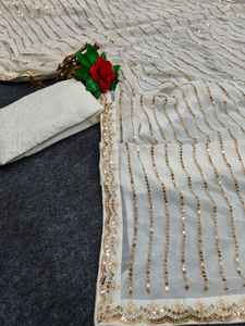 Dernier modèle de sari/sari/shari pour femmes en faux georgette de créateur, avec travail de séquence lourd sur toute la bordure, pour occasions spéciales - Product Image 3