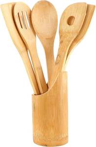 Juego de 5 cucharas de madera de bambú para servir con Soporte redondo para utensilios de cocina de bajo precio - Product Image 2