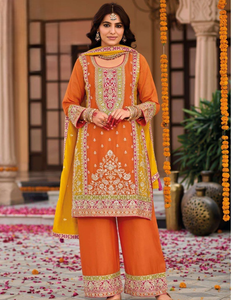 Exclusivo traje de boda y evento bordado Salwar Kameez Chinon de algodón indio pakistaní con Plazzo y Dupatta - Product Image 1