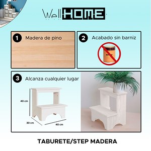 Sgabello in Legno con Finitura Bianca WELL HOME 40x30x40 cm, Eleganti Sgabelli e Pouf - Product Image 2