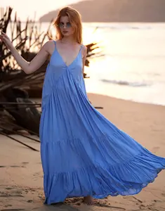 Vestido bohemio de rayón Tie-Dye para mujer, tendencia caliente, cuello en V, largo, con volantes, ropa de fiesta en la playa con borlas y vestido de correa ajustable - Product Image 3