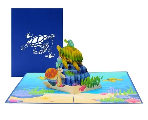 Made In Vietnam OEM ODM Fancy Blue Folded 3D Pop Up Paper Carving Family Sea Turtles Pop Up Card Greeting Card For Children