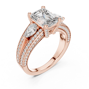 Parure de bague de fiançailles de luxe en or rose 18 carats plaqué rhodium, sertie d'un diamant de laboratoire taille émeraude 2 carats et de pierres latérales 1 carat, certifiée par un tiers - Product Image 1