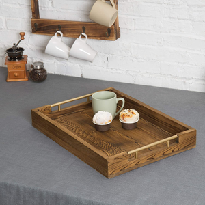 Plateau de service en bois d'acacia naturel avec poignées en acier inoxydable, présentoir de buffet du Vietnam, vente en gros - Product Image 5