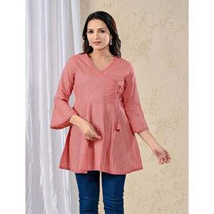 Casual <b>Pink</b> Cotton Printed Angrakha Top Breathable Feature - Product Image 1