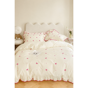 Burgundy 100% Cotton Duvet Cover Satin <b>Fabric</b> Set Breathable Woven Embroidered Pattern Ruffled Decorative Stitching <b>Medium</b> - Product Image 3