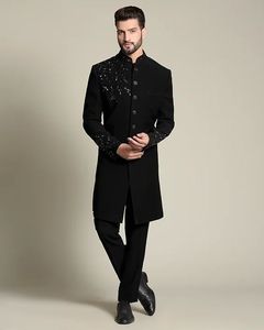 NEW--TRENDY & BEAUTIFUL BLACK ZARI ZARDOZI EMBROIDERY on BLACK SILK SHERWANI WITH <b>PANT</b> DRESS for PARTY-WEAR/WEDDING @ 2023 - Product Image 1
