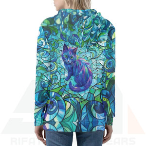 Sweat-shirt à capuche tendance pour femme, hiver, en molleton, motif graphique de chat coloré, motif abstrait en vitrail, manches longues, mode - Product Image 2